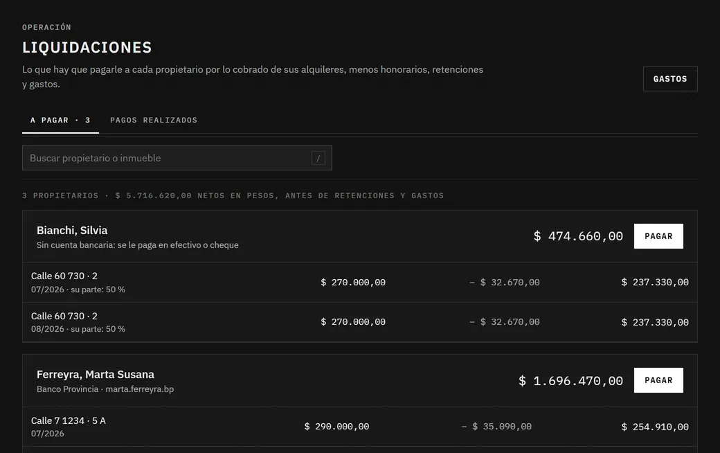 Lo que le toca a cada propietario. Liquidaciones a pagar por propietario, mes por mes, con lo cobrado, los descuentos y el neto. Captura de Inmodesk con datos de demostración.